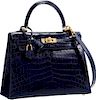 Hermes 25cm Shiny Blue Marine Nilo Crocodile Sellier Kelly Bag with Gold Hardware Pristine Condition 10" Width x 7" Height x 3.5" Depth
