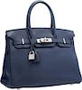 Hermes 30cm Blue Saphir Clemence Leather Birkin Bag with Brushed Palladium Hardware Very Good to Excellent Condition 12" Width x 8" Height x 6" Depth