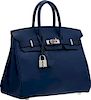 Hermes 25cm Blue Saphir Swift Leather Birkin Bag with Palladium Hardware Excellent to Pristine Condition 9.5" Width x 8" Height x 5" Depth