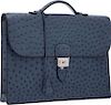 Hermes Blue Roi Ostrich Single Gusset Sac a Depeches Briefcase Bag with Palladium Hardware Very Good to Excellent Condition 13.5" Width x 10" Height x