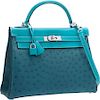 Hermes Limited Edition 32cm Cobalt Ostrich, Turquoise Swift & Colvert Clemence Leather Retourne Kelly Bag with Palladium Hardware Pristine Condition 1