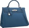 Hermes 35cm Blue Thalassa Clemence Leather Retourne Kelly Bag with Palladium Hardware Excellent Condition 14" Width x 10" Height x 5" Depth