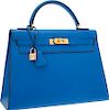 Hermes 32cm Blue France Courchevel Leather Sellier Kelly Bag with Gold Hardware Very Good Condition 12.5" Width x 9" Height x 4" Depth
