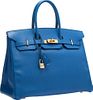 Hermes 35cm Blue France Courchevel Leather Birkin Bag with Gold Hardware Very Good to Excellent Condition 14" Width x 10" Height x 7" Depth