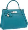 Hermes 28cm Turquoise Chevre Leather Retourne Kelly Bag with Palladium Hardware Very Good Condition 11" Width x 8" Height x 4" Depth