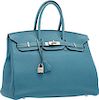 Hermes 35cm Blue Jean Clemence Leather Birkin Bag with Palladium Hardware Good to Very Good Condition 14" Width x 10" Height x 7" Depth