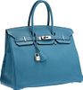 Hermes 35cm Blue Jean Togo Leather Birkin Bag with Palladium Hardware Very Good to Excellent Condition 14" Width x 10" Height x 7" Depth
