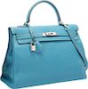 Hermes 35cm Blue Jean Togo Leather Retourne Kelly Bag with Palladium Hardware Very Good Condition 14" Width x 10" Height x 5" Depth