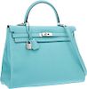 Hermes 35cm Blue Atoll Togo Leather Retourne Kelly Bag with Palladium Hardware Excellent to Pristine Condition 14" Width x 10" Height x 5" Depth