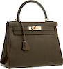 Hermes 28cm Vert Olive Calf Box Leather Retourne Kelly Bag with Gold Hardware Good to Very Good Condition 11" Width x 8" Height x 4" Depth