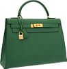 Hermes 32cm Vert Bengale Courchevel Leather Sellier Kelly Bag with Gold Hardware Good to Very Good Condition 12.5" Width x 9" Height x 4" Depth