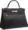 Hermes 32cm Black Calf Box Leather Retourne Kelly Bag with Palladium Hardware Good to Very Good Condition 12.5" Width x 9" Height x 4" Depth