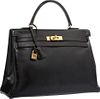 Hermes 35cm Black Calf Box Leather Retourne Kelly Bag with Gold Hardware Good Condition 14" Width x 10" Height x 5" Depth