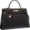 Hermes 35cm Black Calf Box Leather Sellier Kelly Bag with Gold Hardware Excellent Condition 14" Width x 10" Height x 5" Depth
