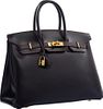 Hermes Special Order Black & Rouge Vif Calf Box Leather Birkin Bag with Gold Hardware Very Good Condition 14" Width x 10" Height x 7" Depth