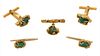 Five Piece 18 Karat Gold and Emerald Mens Set, to include a pair of cufflinks; two shirt buttons; along with a pin/tie clip, each set with emerald; la