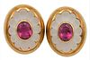 Tambetti 18 Karat Gold Ear Clips, oval form with frosted crystal and oval center pink stone, height 1 1/8 inches, 34 grams total weight.