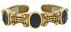 Kieselstein-Cord 18 Karat Gold Cuff Bracelet, set with three oval etched panels to include one onyx with horse head; one ruby color with woman; one bl