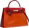 Hermes Special Order 32cm Shiny Braise, Orange H & Bordeaux Alligator Sellier Kelly Bag with Gold Hardware Very Good to Excellent Condition 12.5" Widt