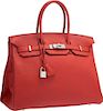 Hermes 35cm Rouge Garance Togo Leather Birkin Bag with Palladium Hardware Excellent to Pristine Condition 14" Width x 10" Height x 7" Depth