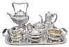Tiffany & Company Chrysanthemum Sterling Silver Seven Piece Tea and Coffee Set, to include tilting hot water pot, coffee pot, teapot, covered sugar bo