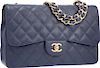 Chanel Navy Blue Quilted Caviar Leather Jumbo Single Flap Bag with Gold Hardware Very Good to Excellent Condition 12" Width x 8" Height x 3" Depth