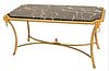 Louis XVI Style Gilt Bronze Gueridon Low Table, having rectangle marble top along with gilt bronze ram's heads on hoof feet, height 17 inches, top 18"