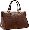 Bulgari Matte Brown Alligator Weekender Travel Bag with Gold Hardware Very Good to Excellent Condition 17" Width x 10.5" Height x 11.5" Depth