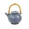 Vintage Blue Glazed Bamboo Handle Stoneware Teapot Signed