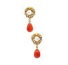 Drop earrings in 18 kt gold with  red coral and pearls