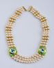 18K GOLD, CULTURED PEARL, GREEN ENAMEL AND BLUE TOPAZ NECKLACE, BY LEO DE VROOMEN, ENGLISH