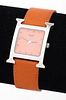 HERMES Paris "H" Stainless Steel Leather Watch