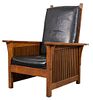Stickley Manner Oak And Black Leather Armchair