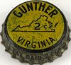 1954 Gunther Beer ~VA 2¢ Crown Cork Backed crown Baltimore, Maryland