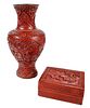 Chinese Carved Cinnabar Vase and Box