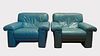 Pair Post Modern Teal Leather Club Chairs 