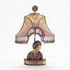 JAPANESE FIGURAL TABLE LAMP, BEADED SHADE