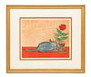 FRENCH SCHOOL, MODERN COLOR ETCHING OF CAT, FRAMED