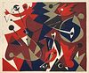 Nay, Ernst Wilhelm Komposition in Rot. 1951. Farblithographie auf chamoisfarbenem Papier. 34 x 40,2 cm (38 x 54,3 cm). Signiert, datiert und nummerier