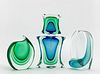 THREE PIECES, MURANO ART GLASS VASES AND BOTTLE