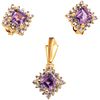 SET OF PENDANT AND PAIR OF STUD EARRINGS WITH AMETHYSTS AND DIAMONDS IN 14K YELLOW GOLD Square cut amethysts ~0.65 ct | JUEGO DE PENDIENTE Y PAR DE BR