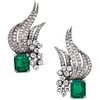 PAIR OF EARRINGS WITH EMERALDS AND DIAMONDS IN 14K WHITE GOLD Rectangular cut emeralds ~2.5 ct, 8x8 and Swiss cut diamonds | PAR DE ARETES CON ESMERAL