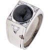 RING WITH ONYX AND DIAMONDS IN PALLADIUM SILVER 1 Cabochon cut onyx, Brilliant cut diamonds ~0.22 ct. Size: 7 ¾ | ANILLO CON ÓNIX Y DIAMANTES EN PLATA