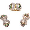 SET OF RING AND PAIR OF EARRINGS WITH SIMULANTS, EMERALDS, RUBIES, SAPPHIRES AND DIAMONDS IN 14K YELLOW GOLD Weight: 10.3 g | JUEGO DE ANILLO Y PAR DE
