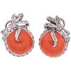 PAIR OF EARRINGS WITH CORALS AND DIAMONDS IN PALLADIUM SILVER Cabochon cut orange corals, 8x8 cut diamonds ~0.60 ct. Weight: 12.7g | PAR DE ARETES CON