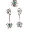 SET OF RING AND PAIR OF EARRINGS WITH EMERALDS AND DIAMONDS IN PALADIUM SILVER Emeralds (different cuts), 8x8 cut diamonds | JUEGO DE ANILLO Y PAR DE 