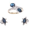 SET OF RING OR PAIR OF EARRINGS WITH SAPPHIRES AND DIAMONDS IN 14K WHITE GOLD Sapphires (different cuts)~1.60 ct, 8x8 cut diamonds | JUEGO DE ANILLO Y