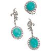 SET OF RING AND PAIR OF EARRINGS WITH TURQUOISES AND DIAMONDS IN PALLADIUM SILVER Cabochon cut turquoises, 8x8 and Swiss cut diamonds | JUEGO DE ANILL