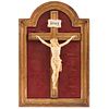 CRUCIFIED CHRIST 19TH CENTURY Ivory carving, cross and wooden frame. Red velvet background. Christ: 7 x 5.3" (18 x 13.5 cm) | CRISTO CRUCIFICADO SIGLO