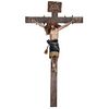 CRUCIFIED CHRIST MEXICO, 19H CENTURY Polychrome wood carving. Includes natural hair and original clothing 67.7 x 38.5 x 9" (172 x 98 x 23 cm) | CRISTO